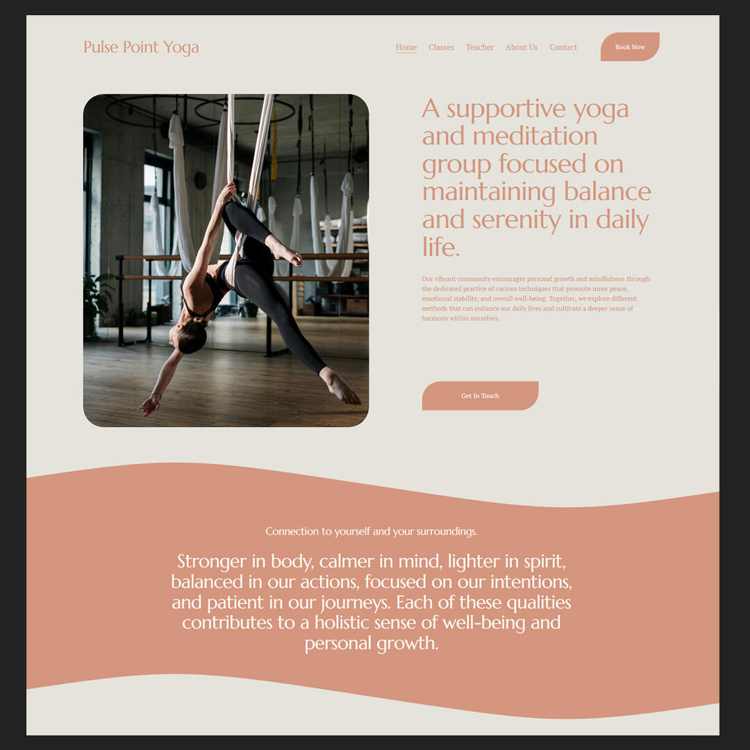 Conceptual design of a yoga studio website highlighting a peaceful aesthetic with yoga imagery and user-friendly navigation.