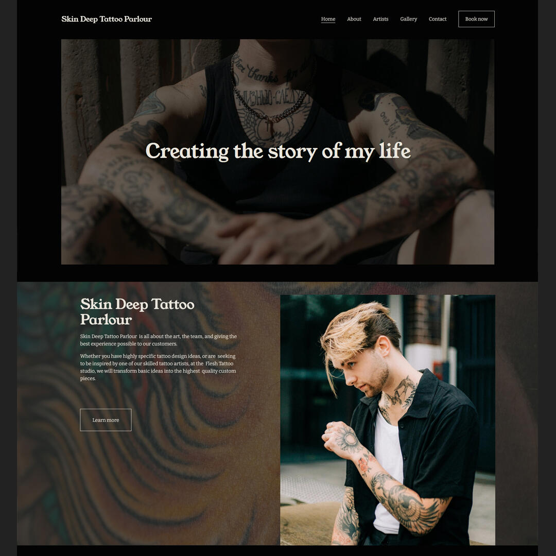A website mock-up for a tattoo parlor featuring images of tattooed individuals, a contact form, social media links, and the branding Oblivion Design.