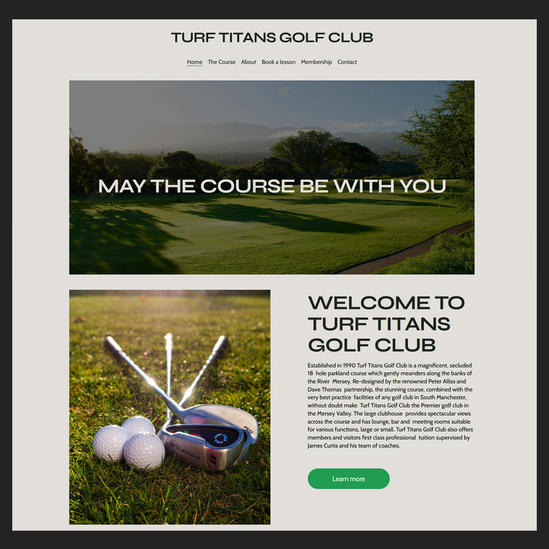 Golf website template featuring a clean layout, vibrant images, and sections for events, memberships, and news updates.