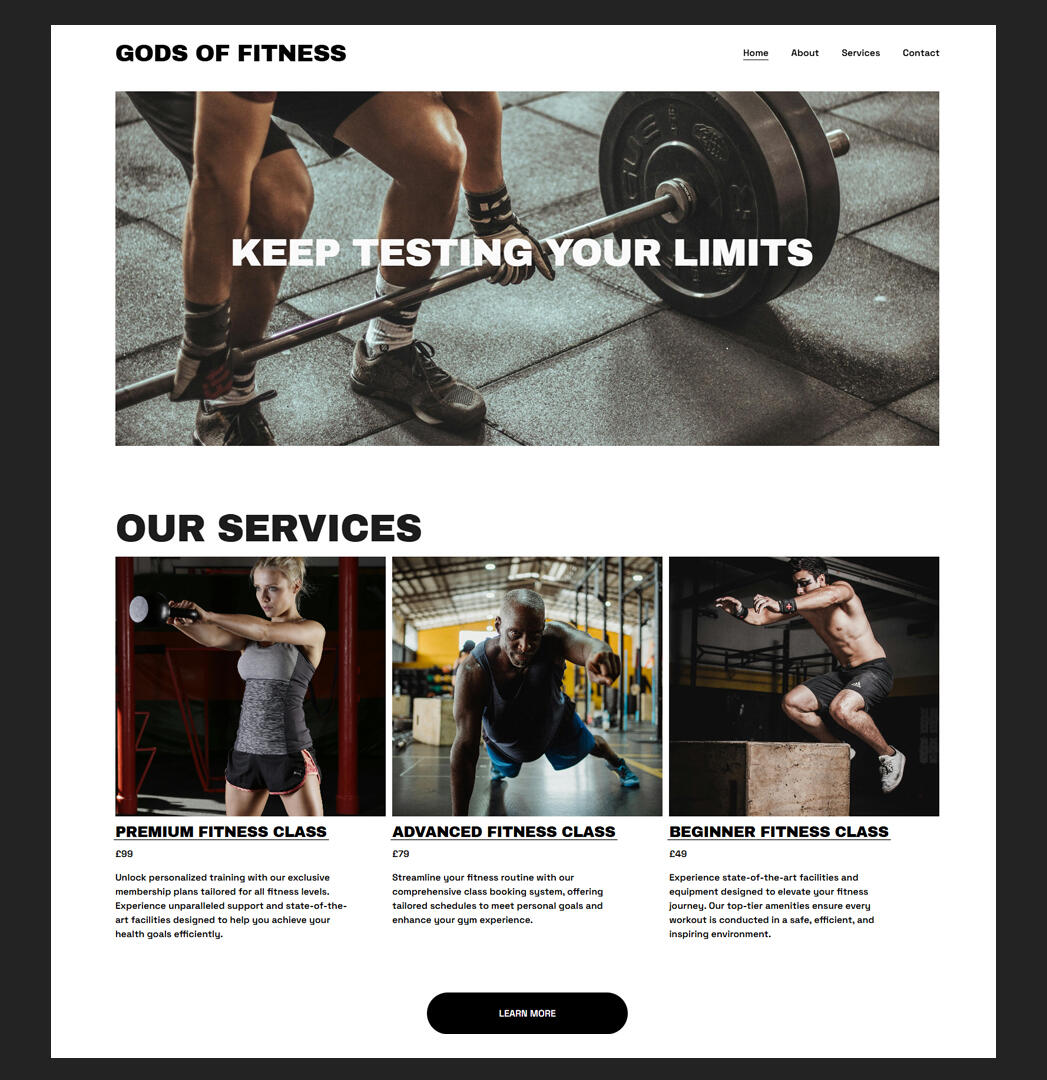 Gym website design showcasing a modern layout with workout images, service details, and user-friendly navigation.